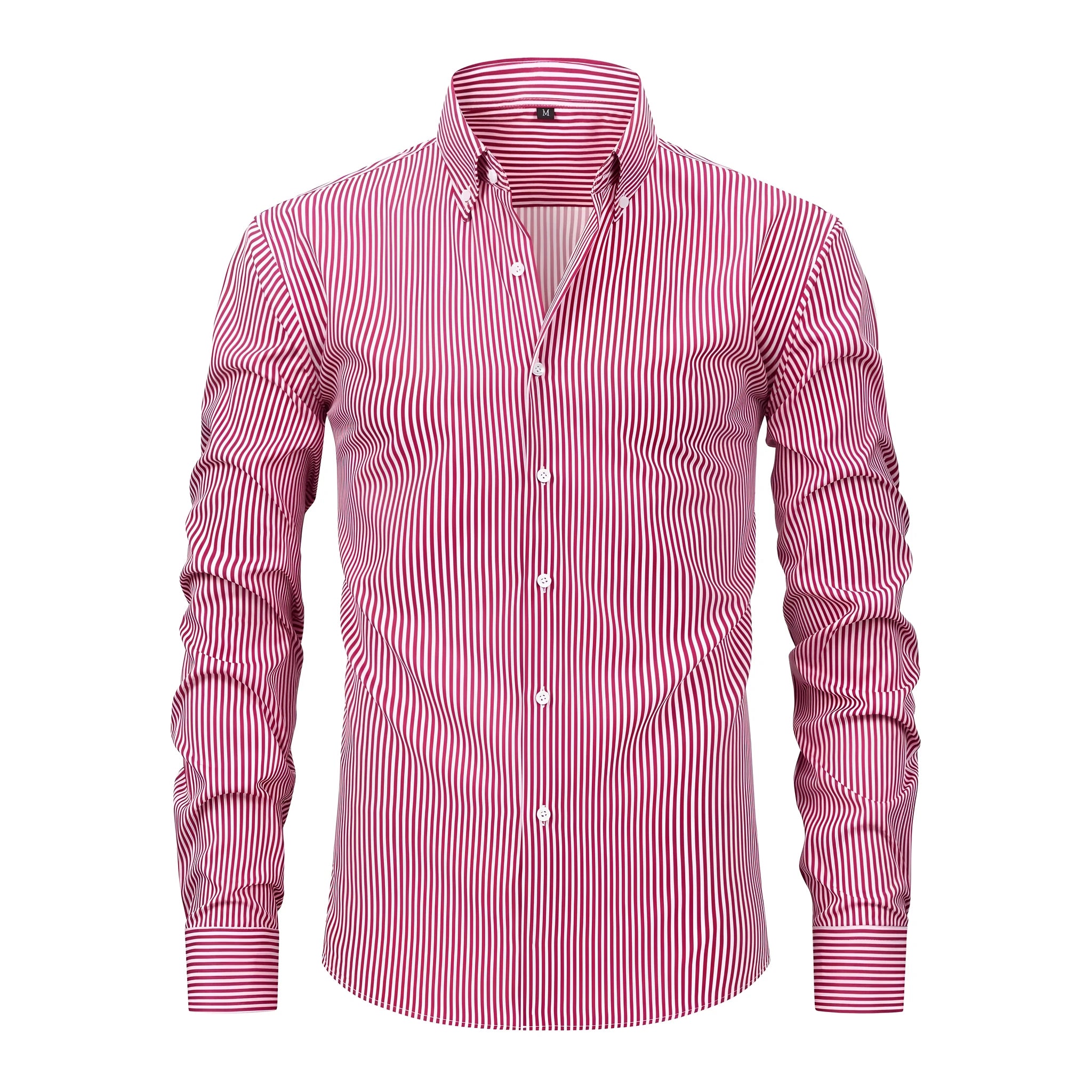 Men's striped long-sleeved business casual shirt with a lapel collar on a hanger.