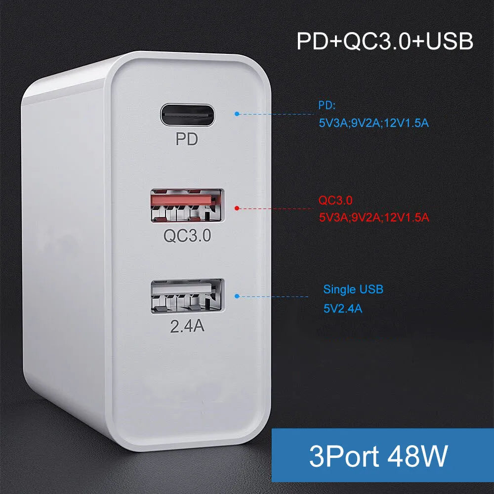 White or black fast charge charger with multiple USB ports and international plug options