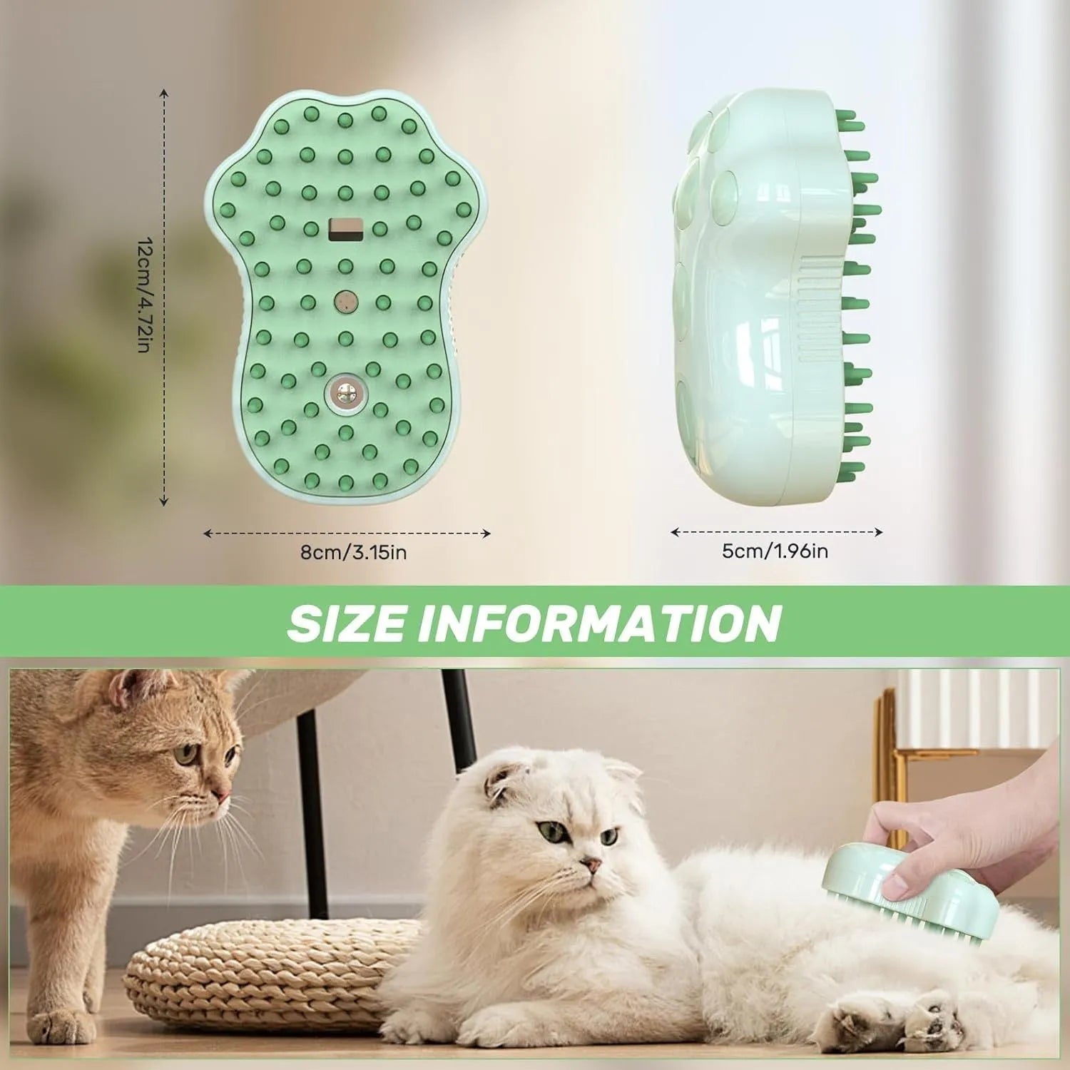 Blue self-cleaning cat steam brush with silicone massage head and water spray function.