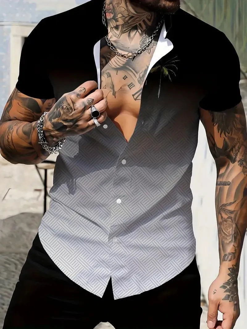 Men's slim fit short sleeve shirt featuring a geometric line style print on a polyester fabric.