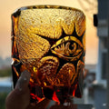 Handmade carved crystal wine glass in ginger yellow colour with retro style, 95mm tall, 340ml capacity