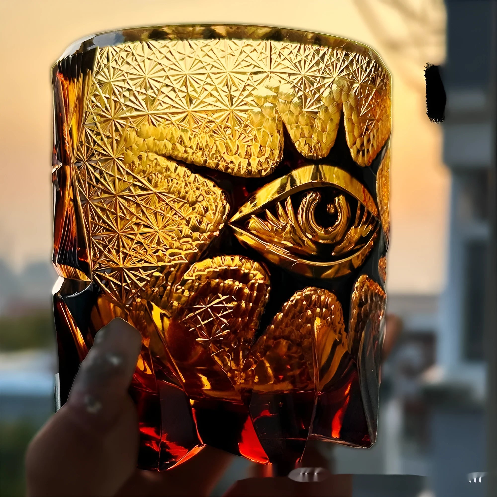 Handmade carved crystal wine glass in ginger yellow colour with retro style, 95mm tall, 340ml capacity
