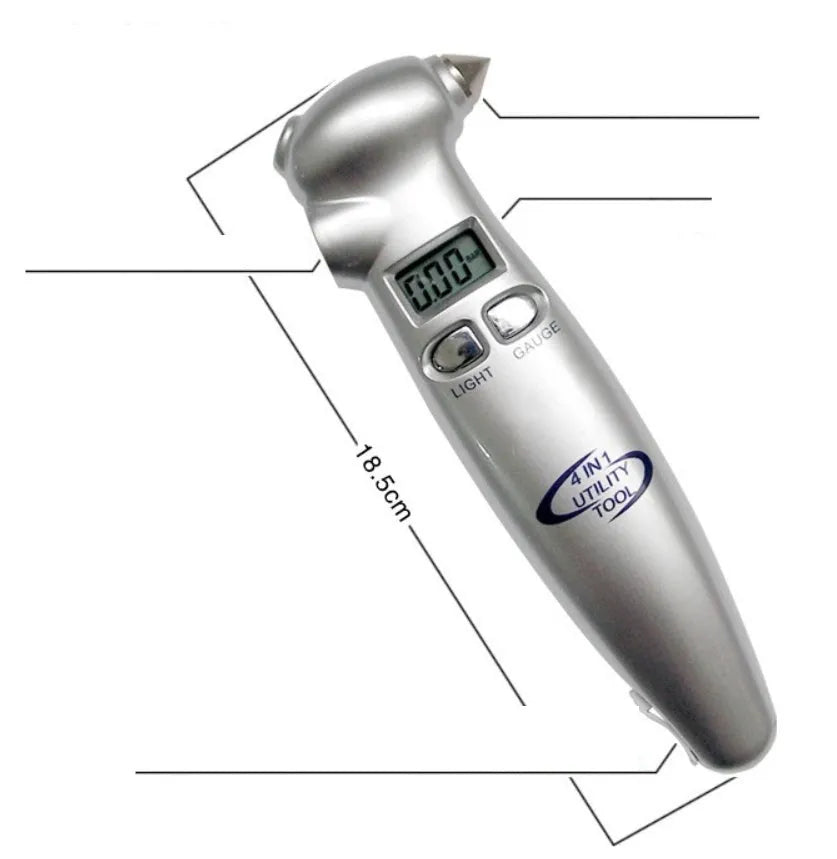 Four-in-one digital tyre pressure gauge with stainless steel safety hammer and emergency light in silver colour
