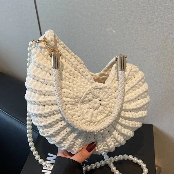 Handmade woven bag women's shell shape cloth crossbody double shoulder straps Milky White finished product