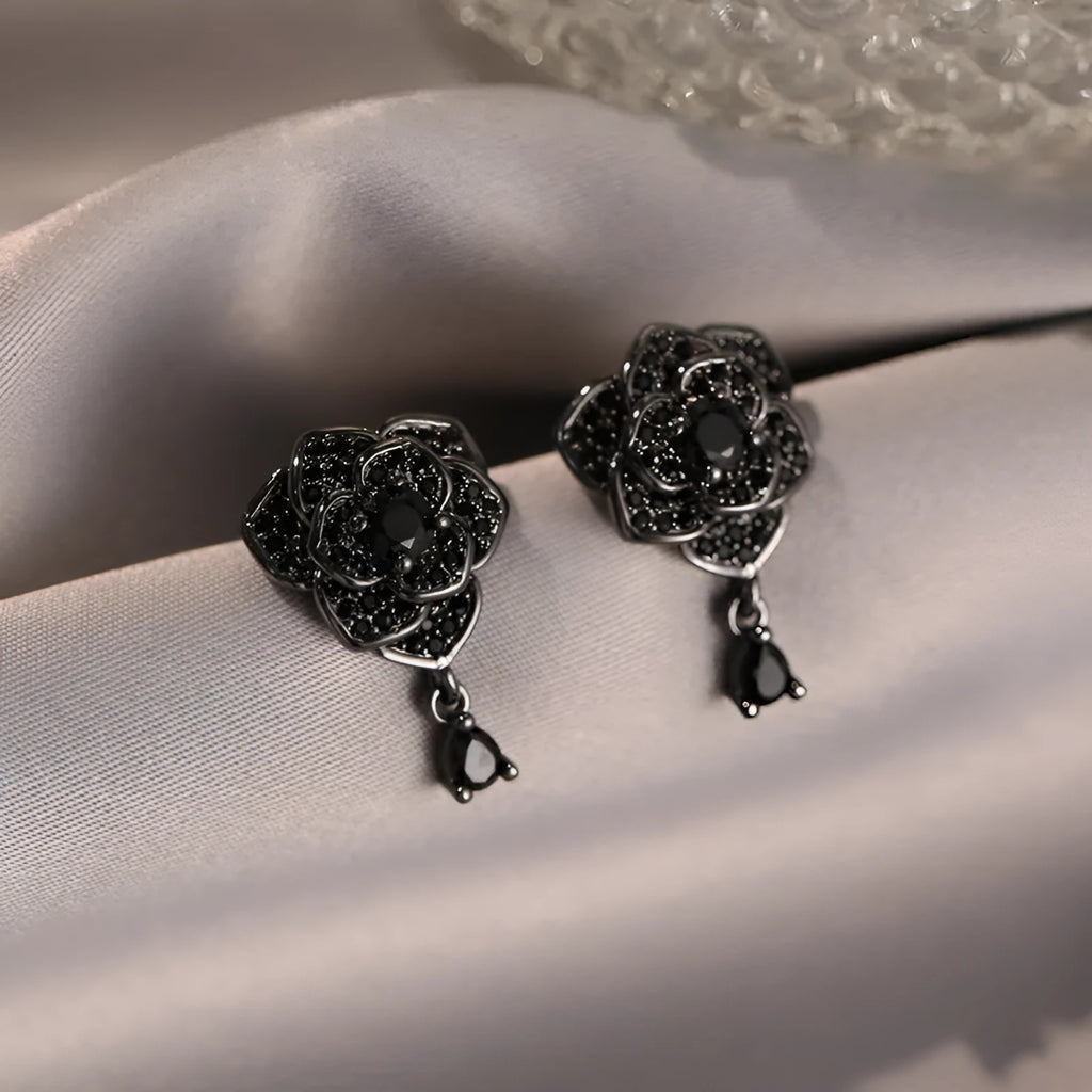 Black rose zircon flower stud earrings with 18K copper electroplating