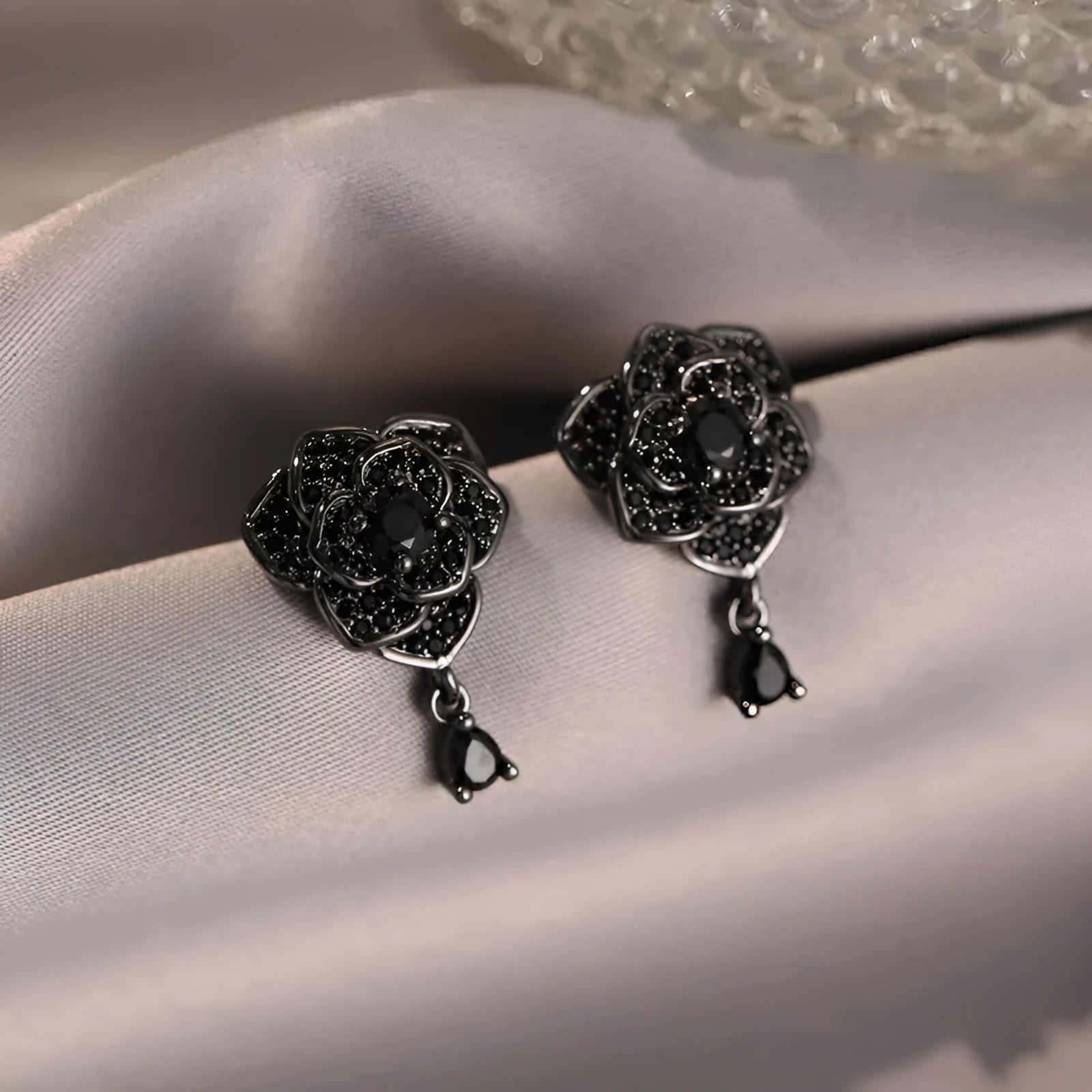 Black rose zircon flower stud earrings with 18K copper electroplating