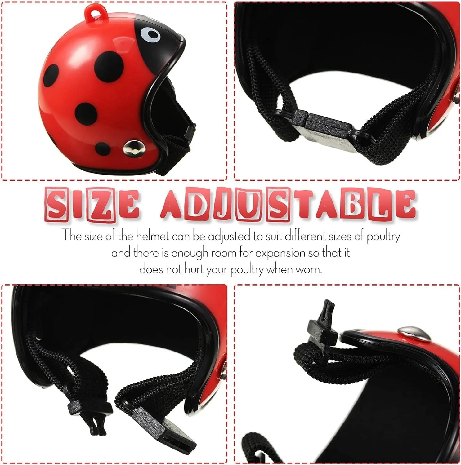 Small plastic pet helmet with elastic straps for chickens and birds.