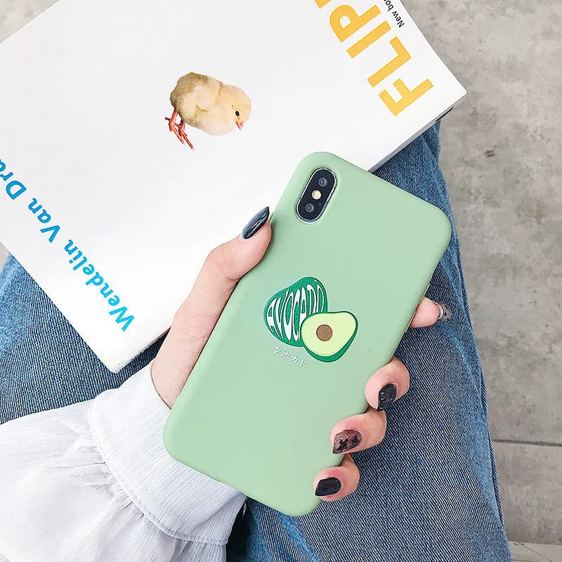 Green avocado cartoon design on a flexible black TPU phone case for iPhone.