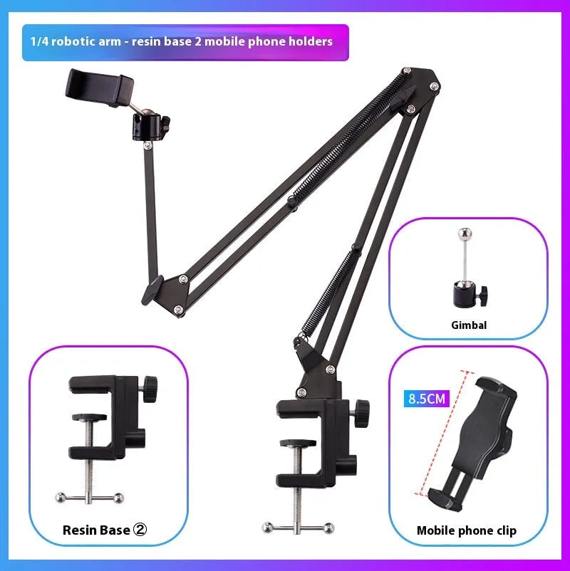 Black foldable metal desktop cantilever bracket holding a tablet, showing adjustable arms and clamping mechanism.
