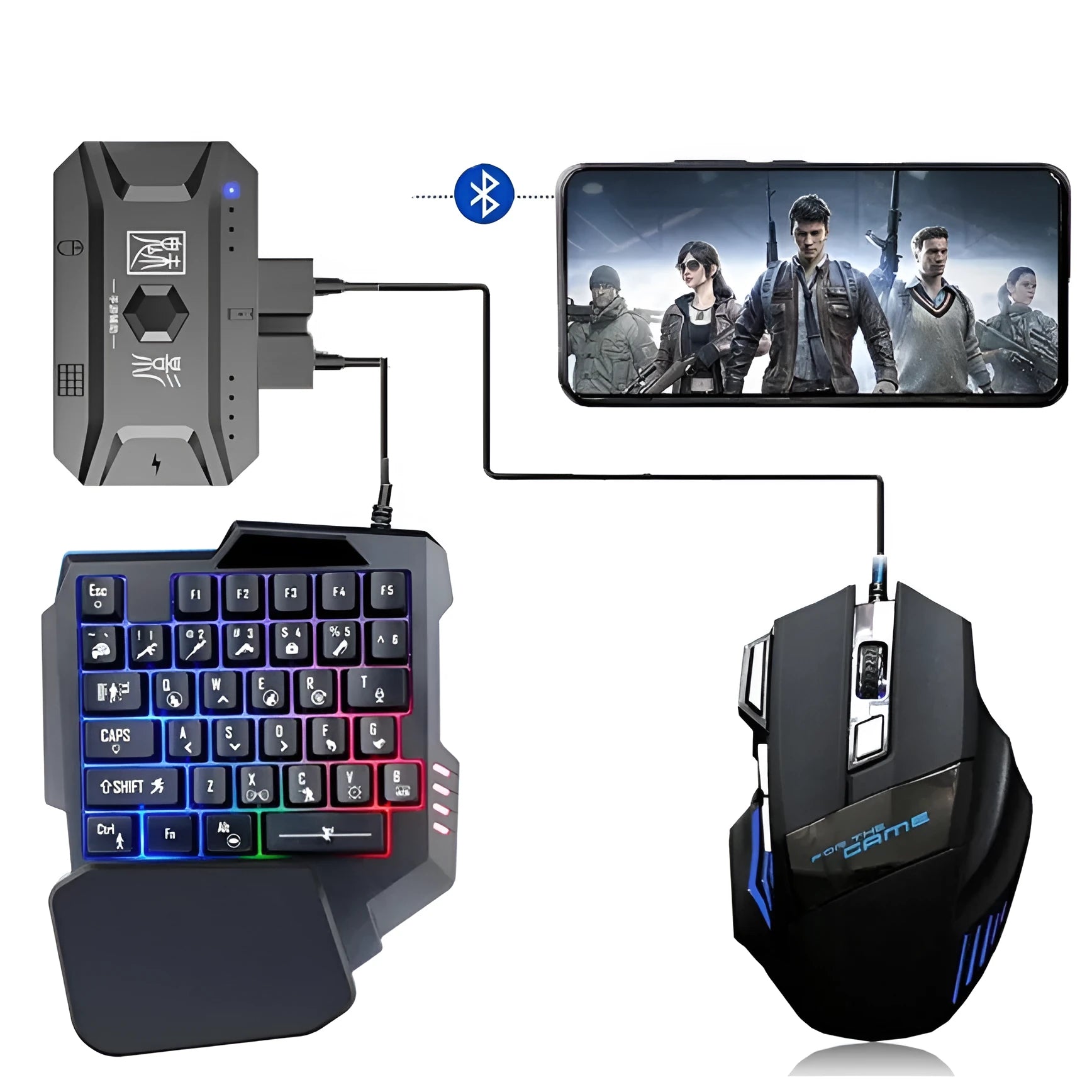 Mobile gaming keyboard mouse converter set with ABS plastic components in grey, USB cable, and throne
