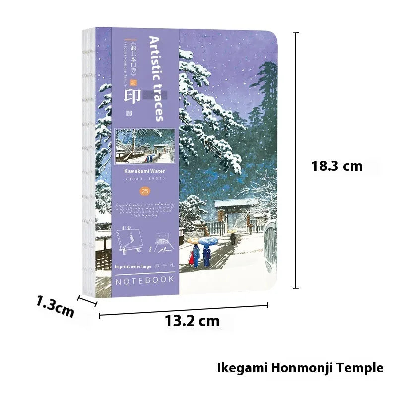 Ukiyo-e Kanagawa surfing village retro hand ledger notebook open on a desk.