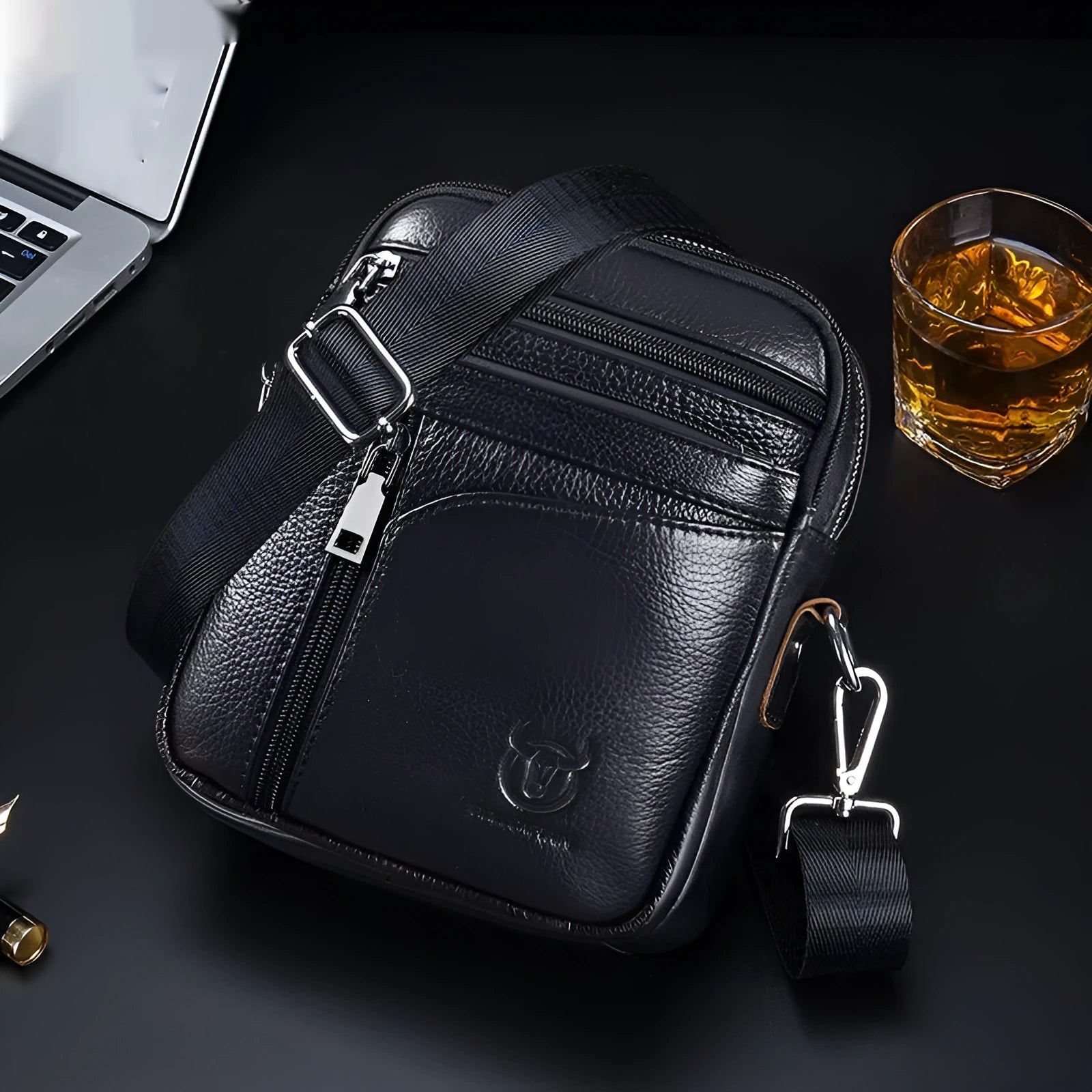Men's black genuine leather shoulder messenger bag with retro styling