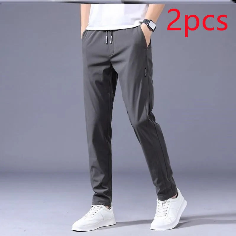 Men's Khaki drawstring trousers with loose straight leg and elastic waist, Korean casual style