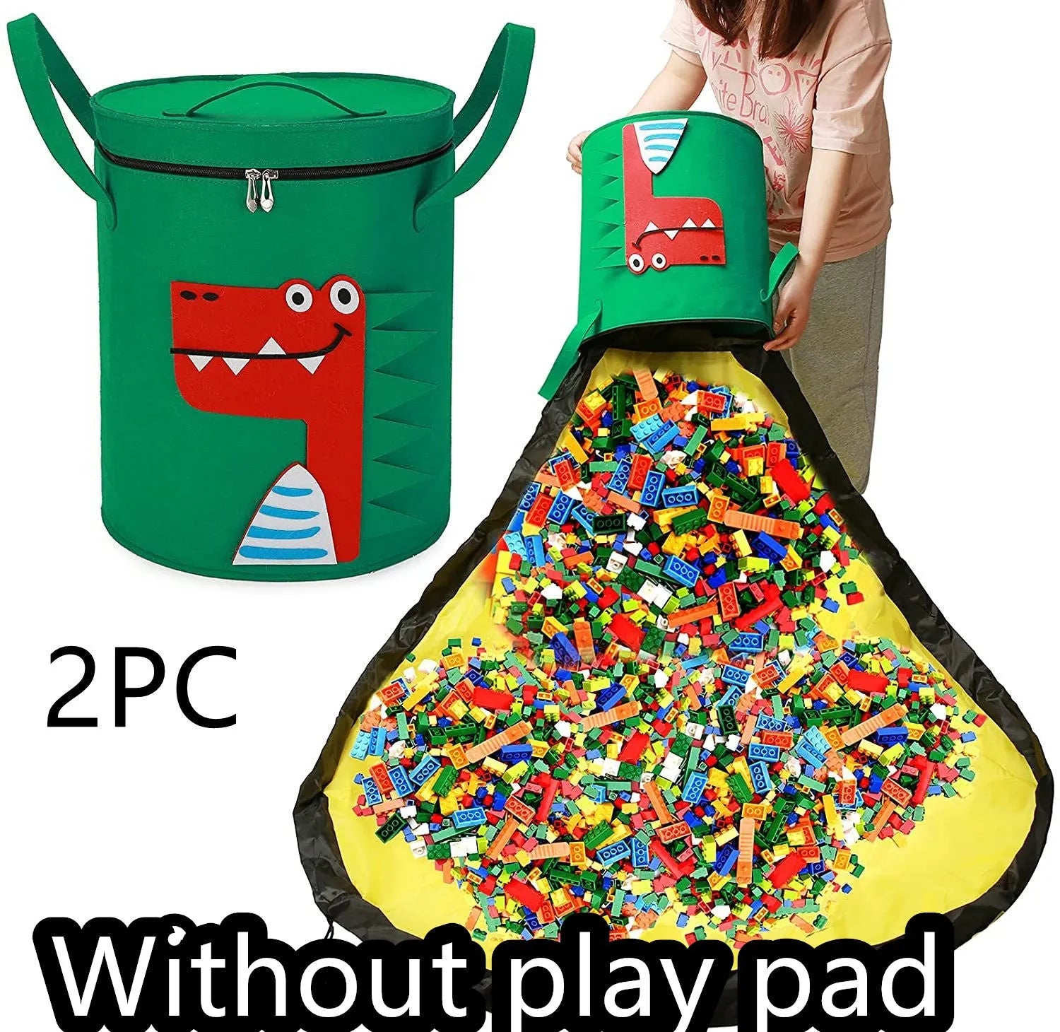 Green felt cube storage bag with pull rope open as a floor play mat for toys.