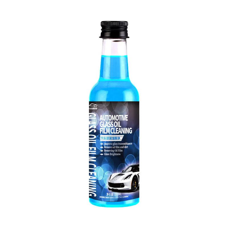 150ml bottle of car glass oil film remover cleaner with blue and yellow packaging options.