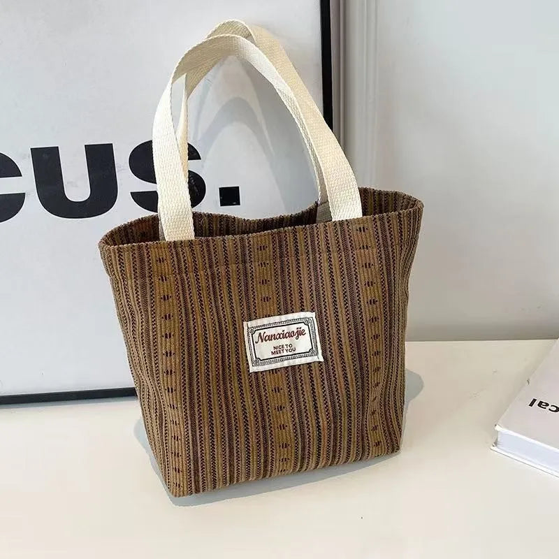 Japanese style corduroy handbag in dark brown colour with large capacity design