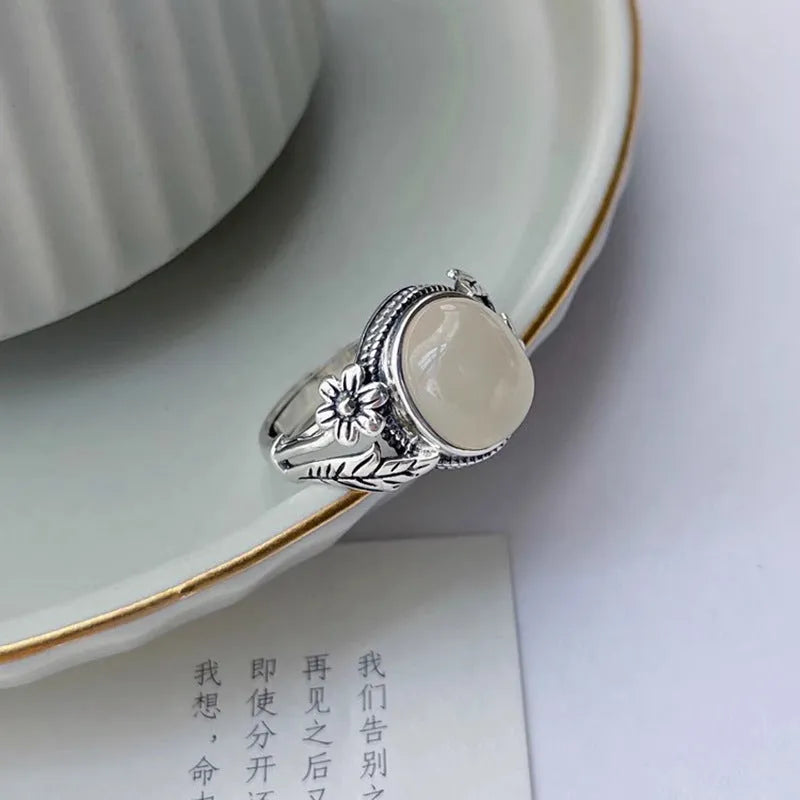 Copper adjustable ring with imitation white chalcedony stone in vintage U-shaped design