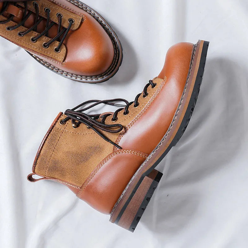 Men's brown tooling platform leather boots with lace-up closure and platform sole