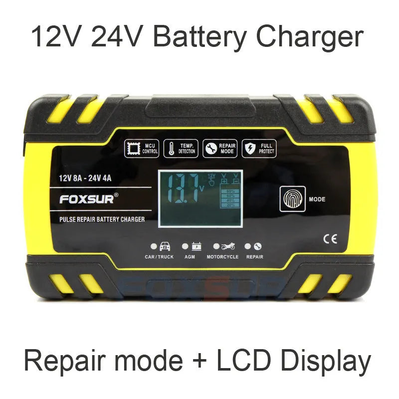 12V 24V vehicle battery charger with screen display showing charging parameters
