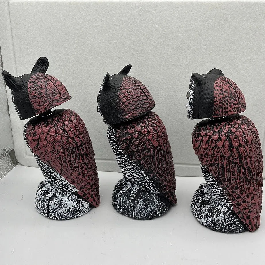 PE plastic artificial owl bird scarer ornament with shaking head, shown in bag-style mounting option.