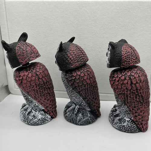 PE plastic artificial owl bird scarer ornament with shaking head, shown in bag-style mounting option.