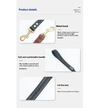 Roran black PU leather pet traction belt showing length and connection point