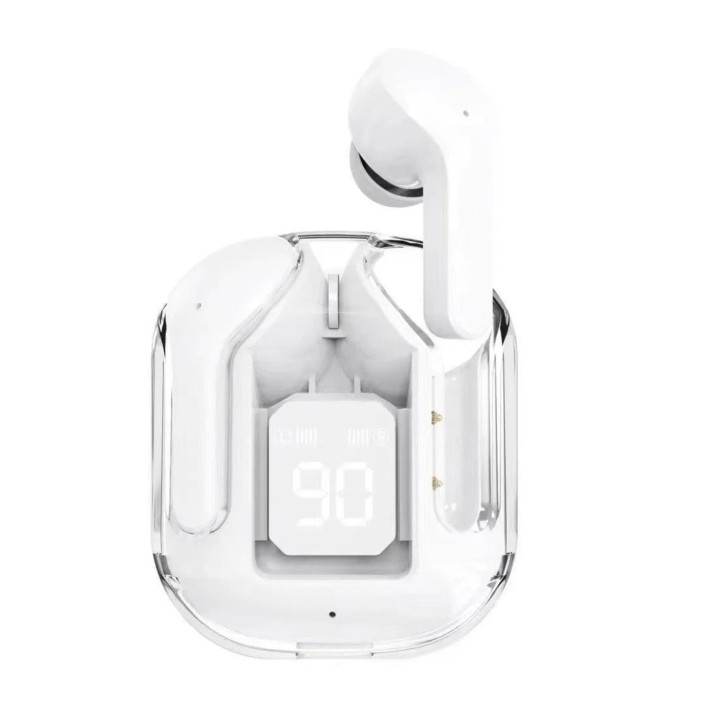 Transparent case Bluetooth earphones showing internal components with digital display screen