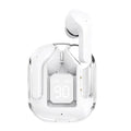 Transparent case Bluetooth earphones showing internal components with digital display screen