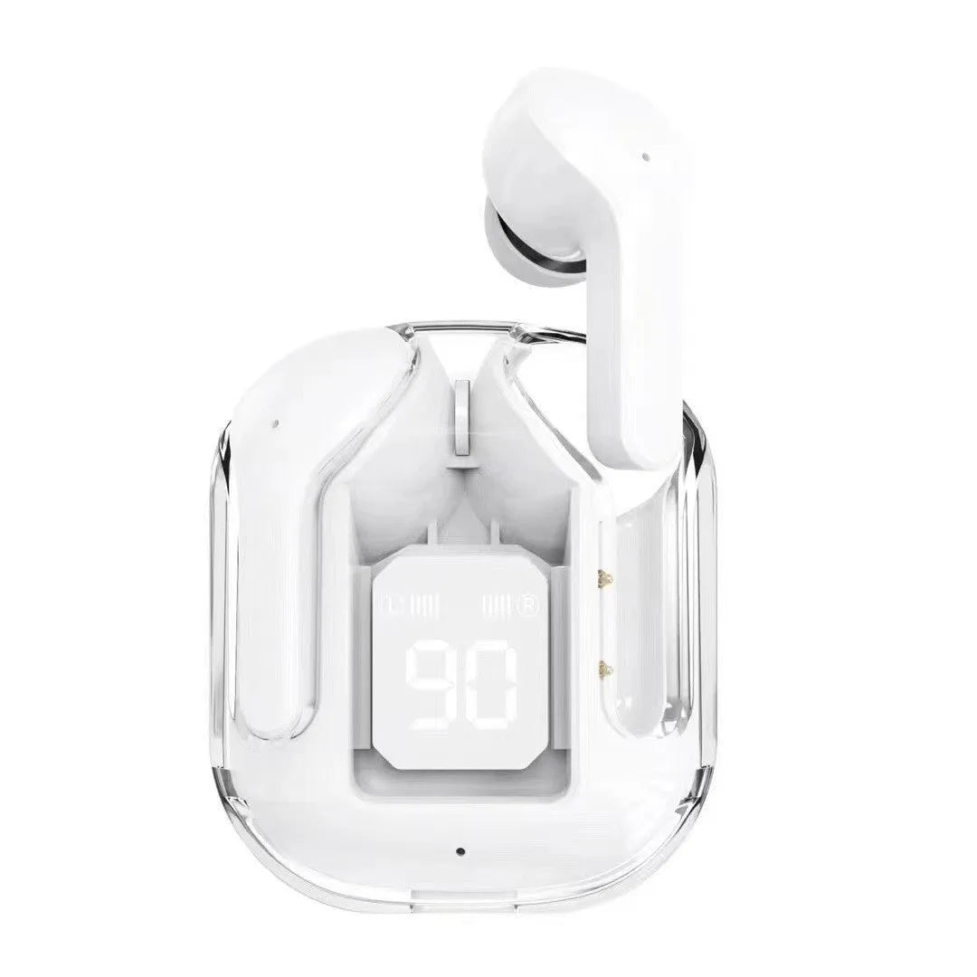 Transparent case Bluetooth earphones showing internal components with digital display screen