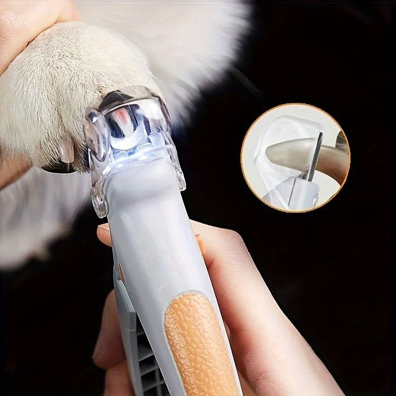 Yellow LED pet nail trimmer with magnifying glass and light-up head for trimming cat and dog nails.