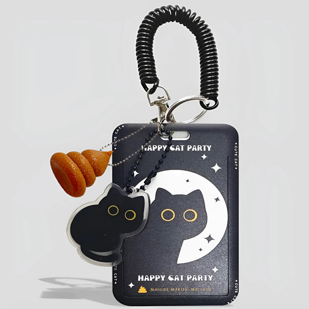 Cartoon black cat design plastic card sleeve holder with metal keychain clip