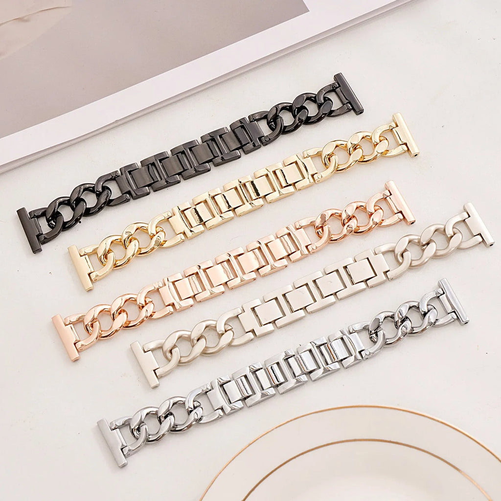Metal denim chain replacement strap for Apple Watch in silver, showing 22mm lug width.