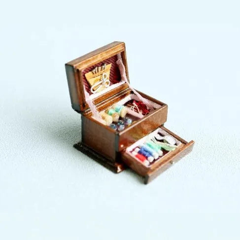 European style birch wood miniature sewing kit ornament measuring 2.2cm
