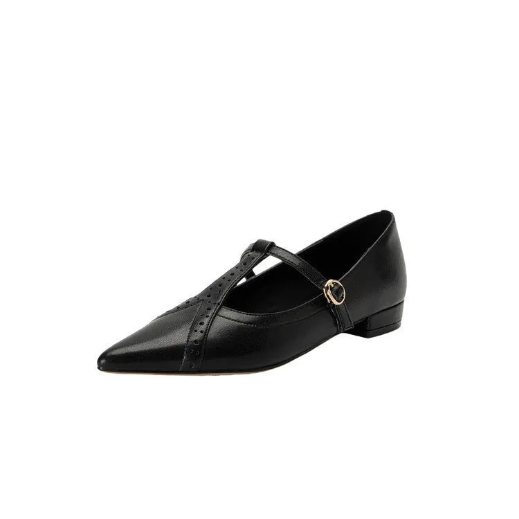 Brown women's pointed toe flat shoes with a low-cut design and a mid-height heel.