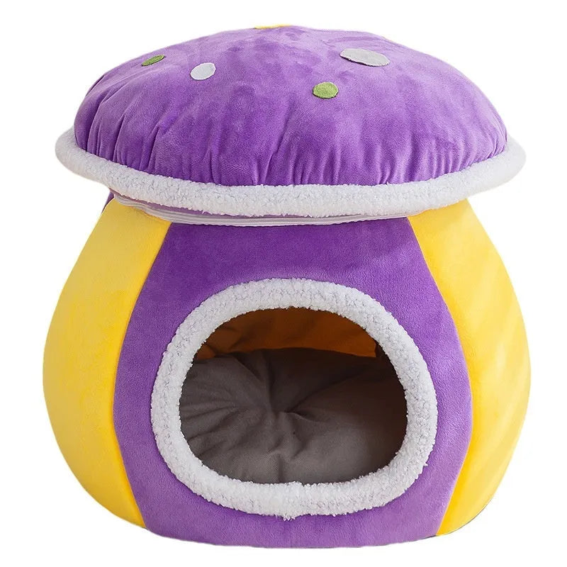 Grey mushroom-shaped plush cat bed with a detachable blanket, shown on a wooden floor.