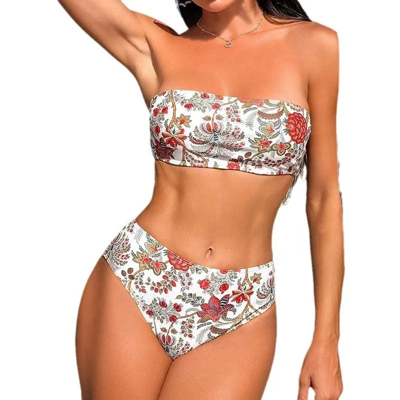Women's printed bandeau swimsuit top and matching shorts set on a model