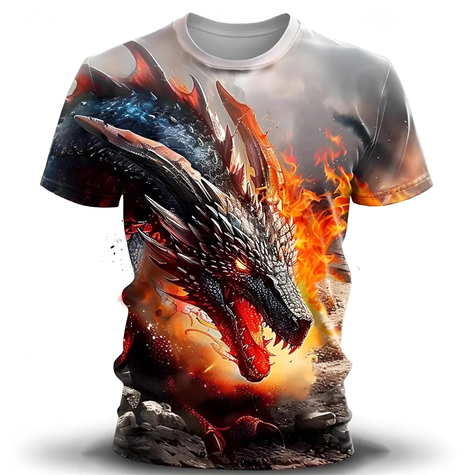 Man wearing a casual short-sleeved T-shirt with a large, detailed 3D wind dragon graphic print on the front.