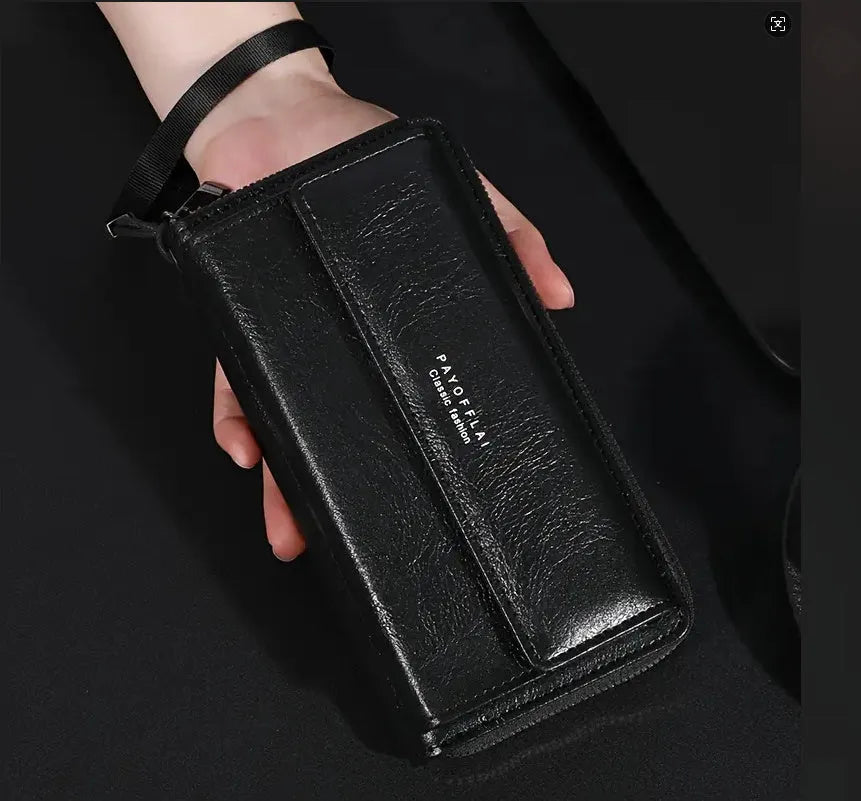 Men's PU leather long wallet showing multiple card slots in black colour option