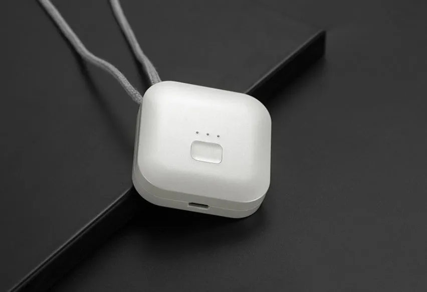 Mini USB portable air purifier necklace in collar design shown in blue, grey, pink and white colours.