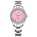 Silver fashion quartz watch with diamond-encrusted dial, stainless steel case, and luminous hands