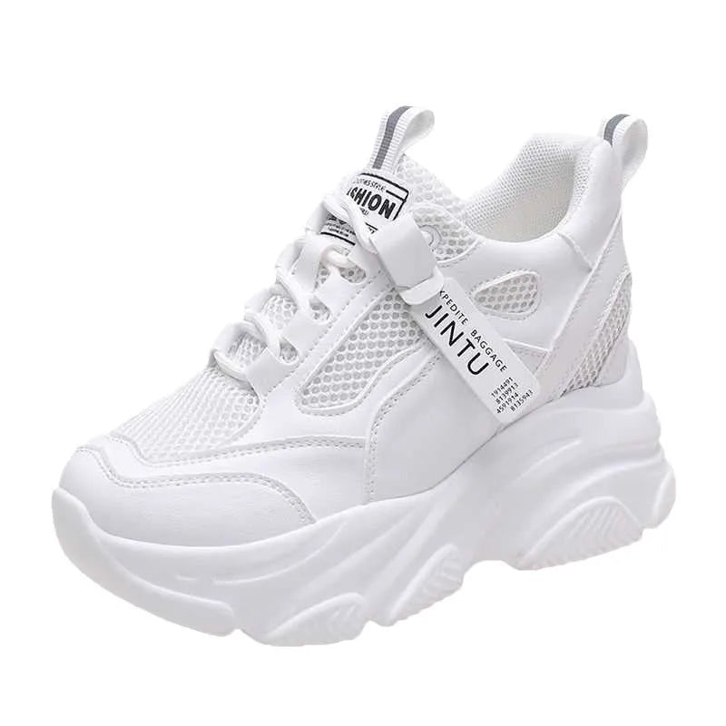 Women's black casual platform shoes with mesh upper and hollow-out design featuring toe holder