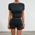 Women's solid colour viscose sports suit set with short sleeve t-shirt and elastic waist shorts