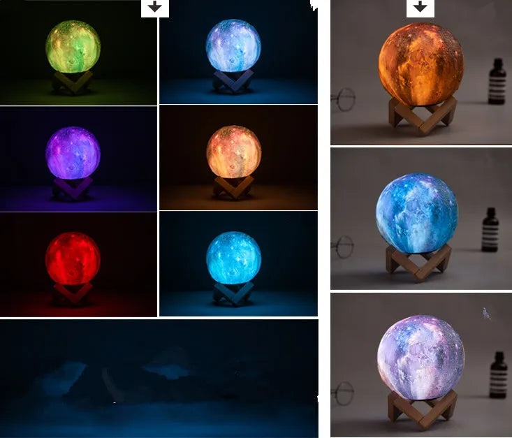 3D printed spherical lunar night light glowing with soft colour-changing LED light on a dark surface.