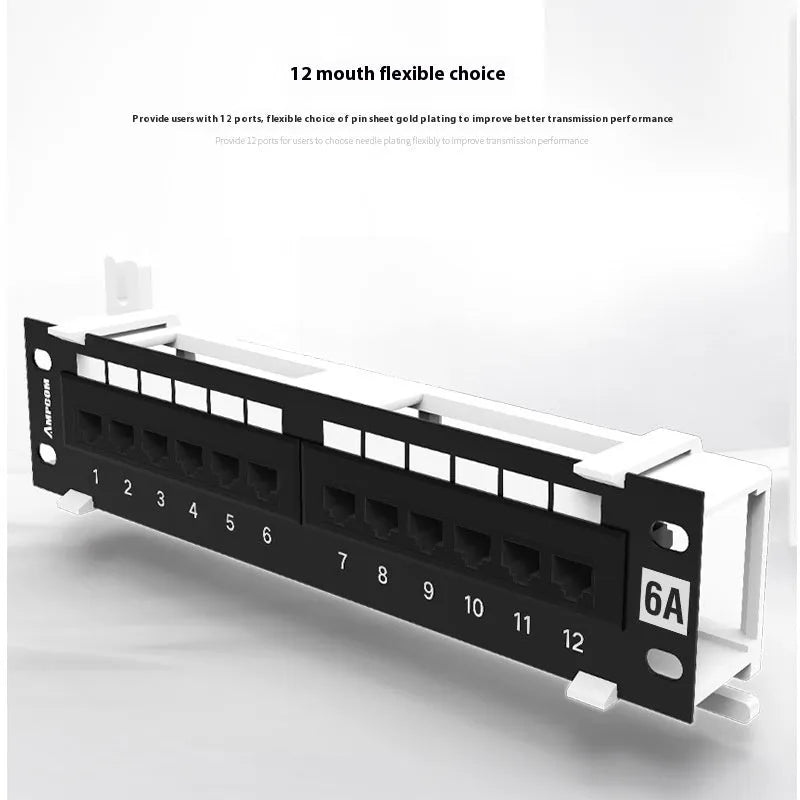 Black unshielded 12-port network distribution frame with hook bracket for cabinet mounting.