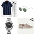 Casual loose navy blue cotton linen short sleeve suit with matching shorts, glasses, shoes, and watch.