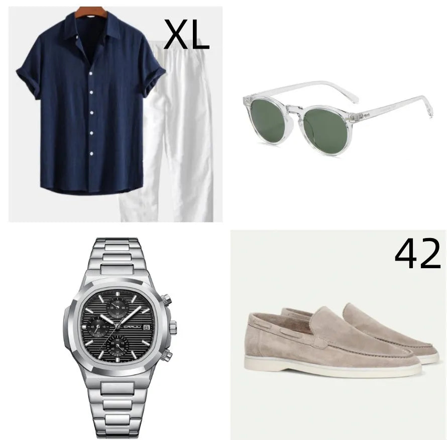 Casual loose navy blue cotton linen short sleeve suit with matching shorts, glasses, shoes, and watch.