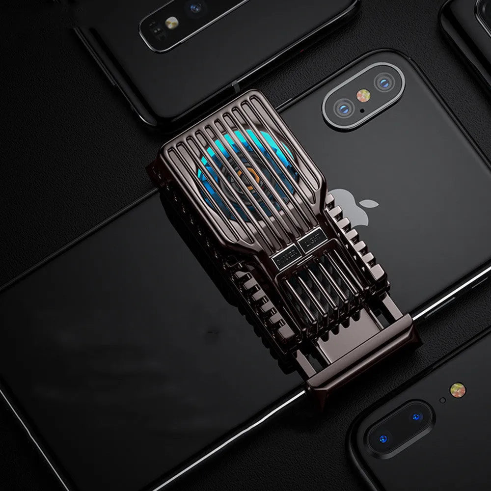 Black mobile phone radiator with aluminium alloy and ceramic cooling plate attached to smartphone