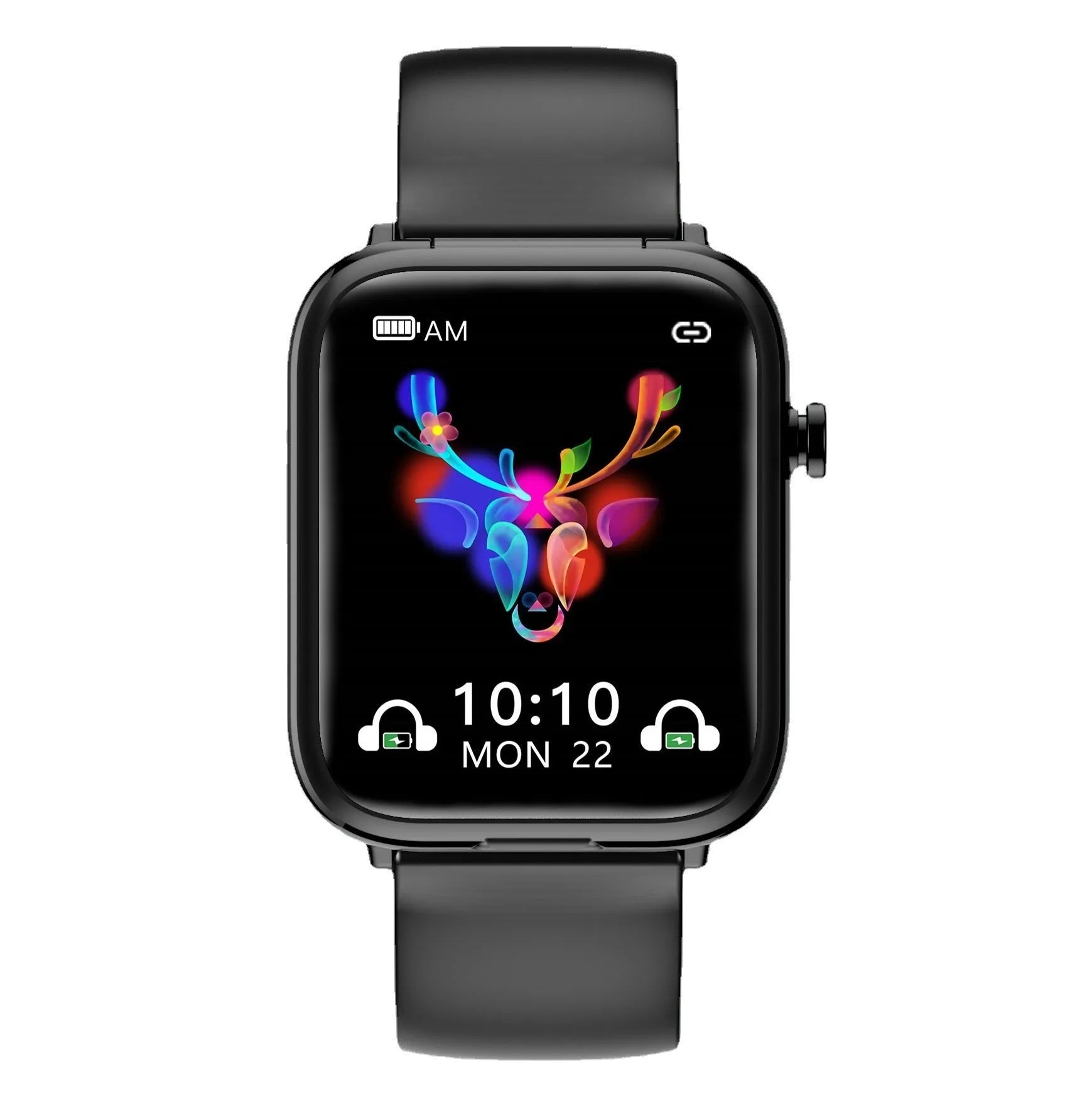 Black all-touch smartwatch with integrated Bluetooth headset charging case, showing 1.69-inch screen.