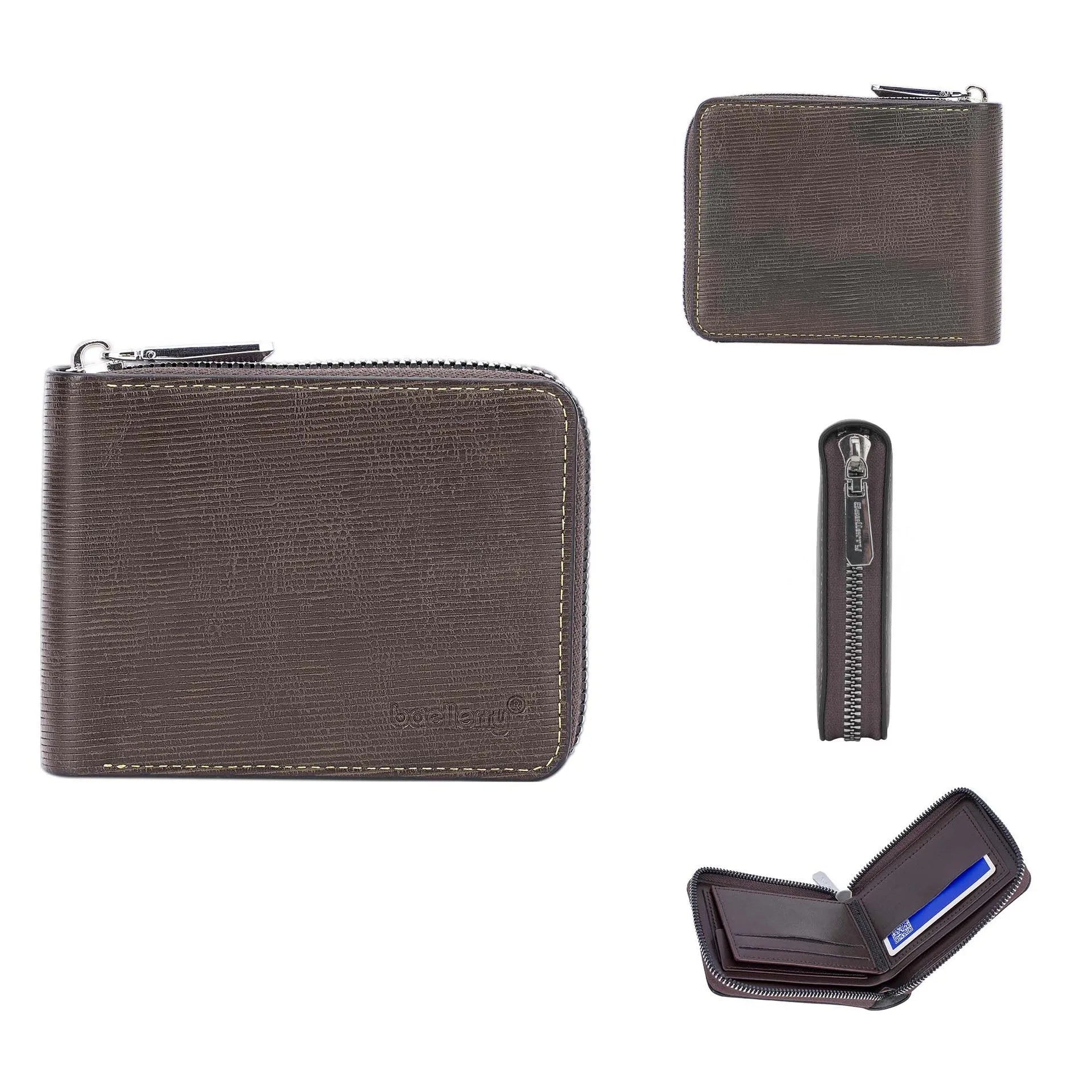 Leather anti-theft credit card zipper wallet with embossed pattern in black or brown colours