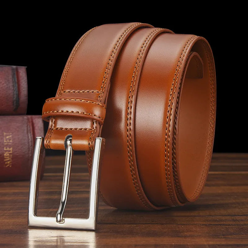 Men's black leather belt with silver alloy pin buckle showing length measurement